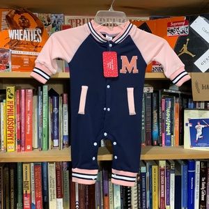 PAT PAT-baby girls pink/navy blue varsity full-button-up one piece sweatsuit
